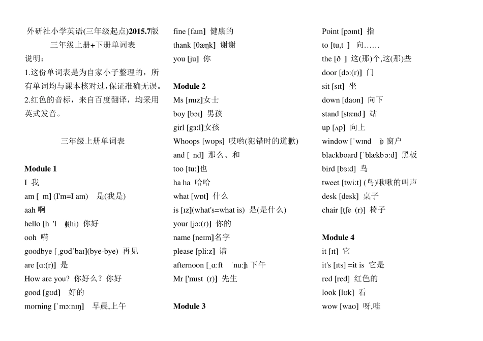 外研社(三年级起)小学英语三年级上册+下册单词表(含音标)_第1页