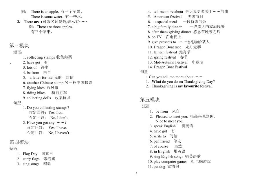 外研社六年级上下册英语复习提纲_短语+句型_第2页