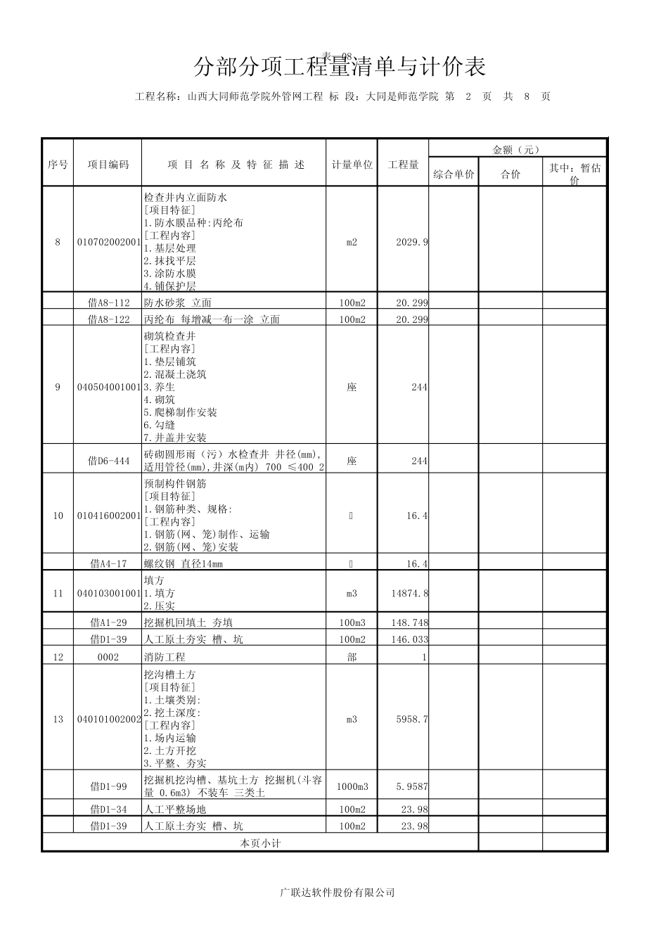 外管网工程预算表部分项工程量清单与计价表(带定额)_第2页