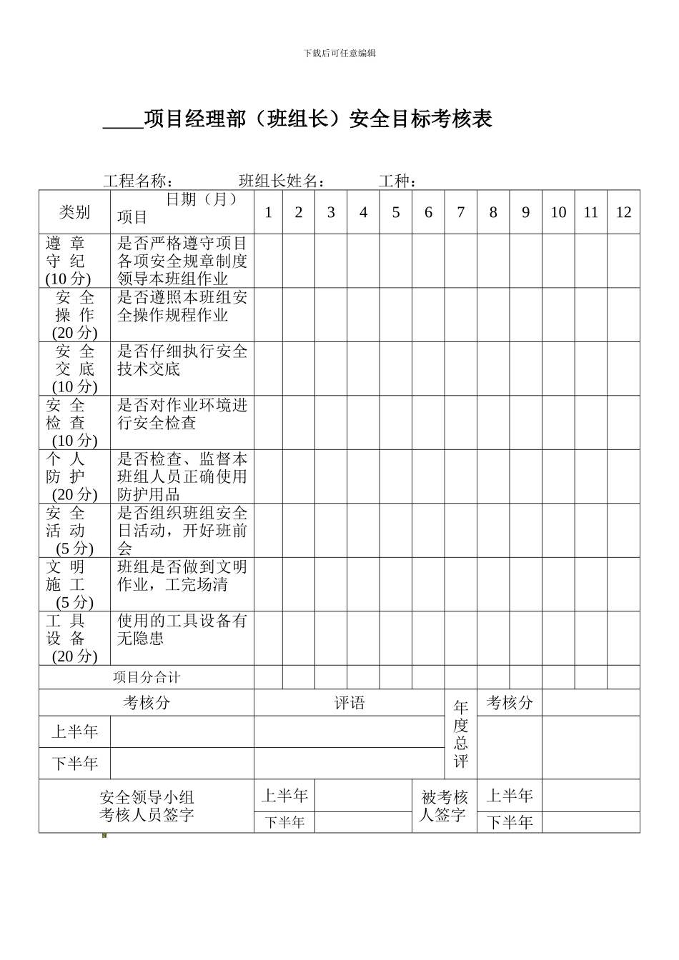 安2-5-2--项目经理部安全目标考核表._第1页