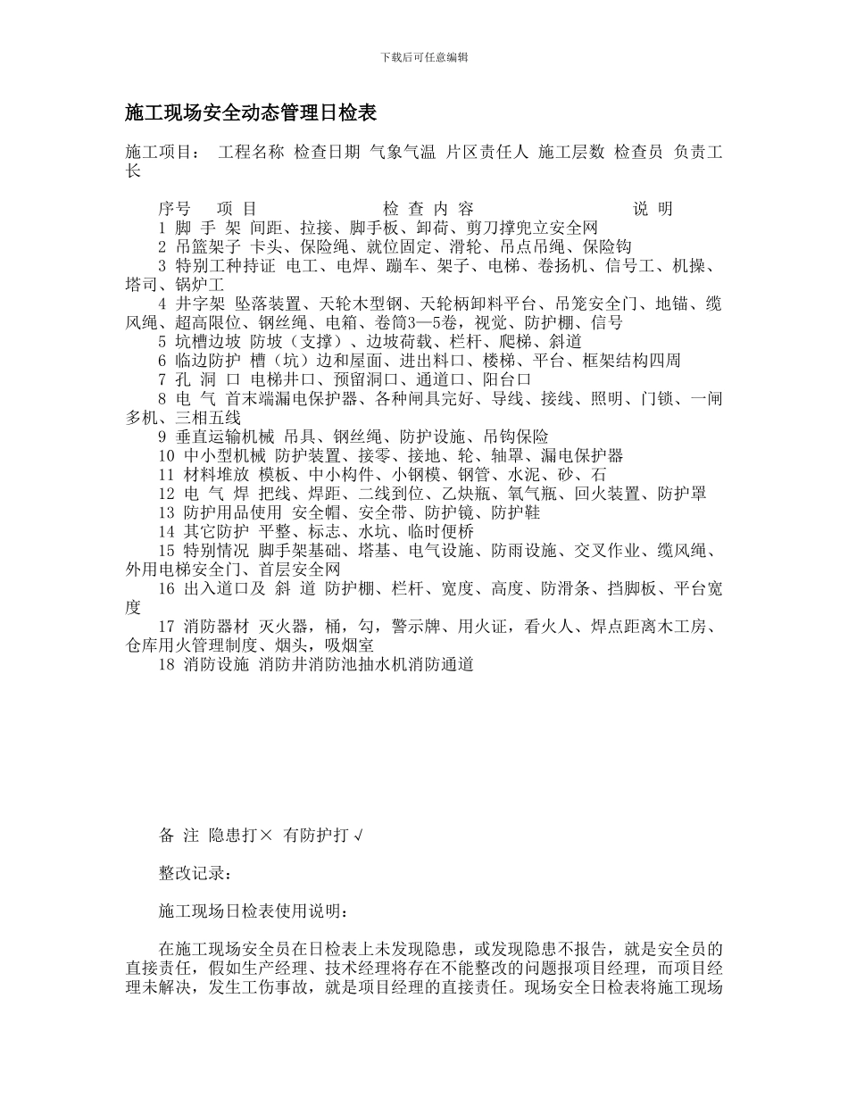 安全员施工现场安全动态管理日检表._第1页