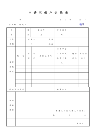 2025年申请五保户登记表