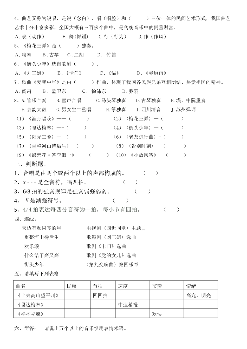 2025年六年级音乐下册复习题_第2页