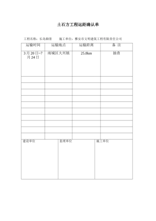 2025年土石方工程运距确认单