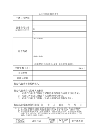 2025年预先核名申请书