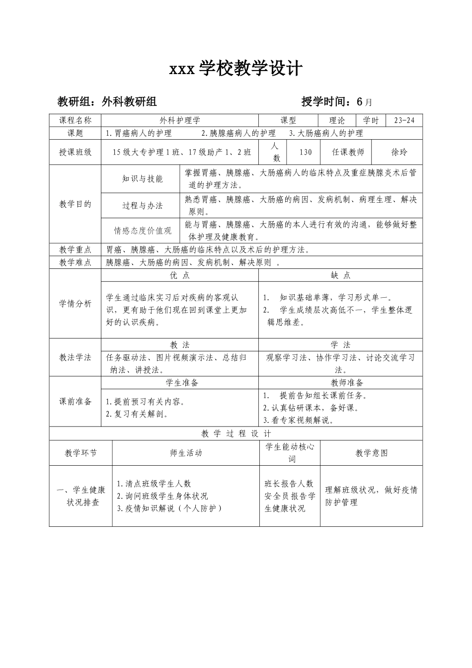 2025年胃癌胰腺癌大肠癌病人的护理教学设计_第1页