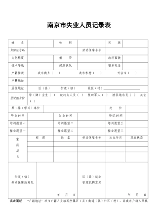 2025年南京市失业人员登记表