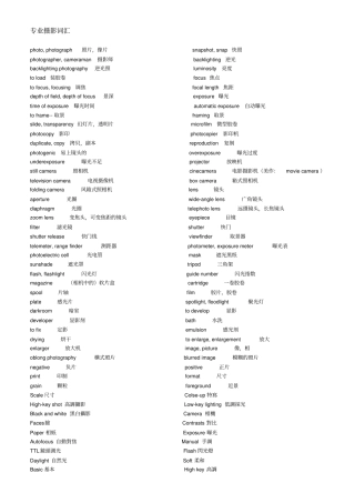 摄影专业英语常用词汇