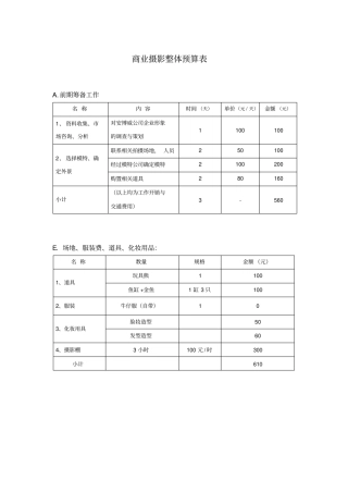 摄影整体预算表