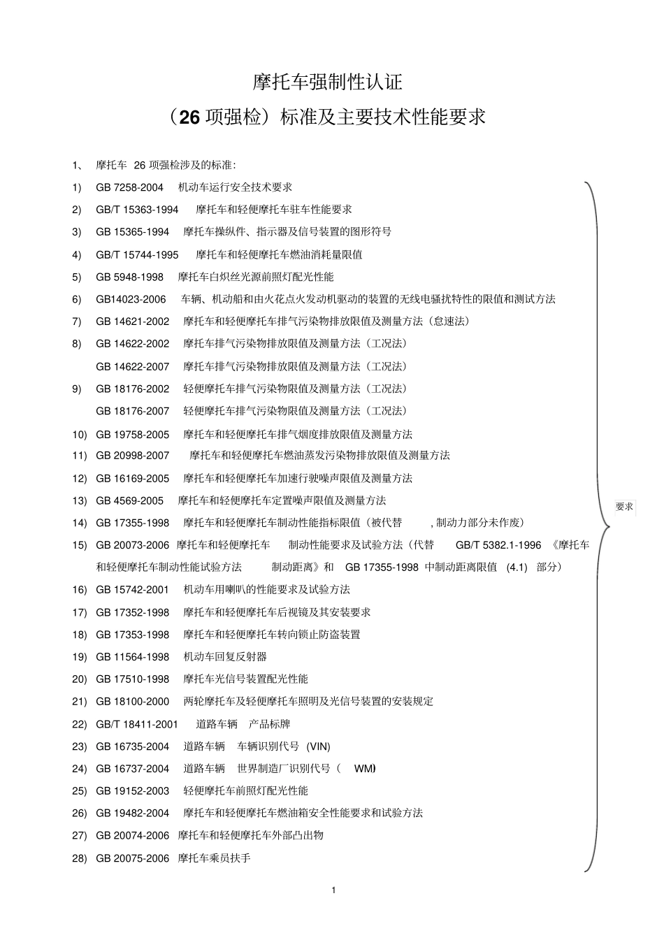 摩托车强制性认证26项强检标准及主要技术性能要求-精简版2008-12_第1页