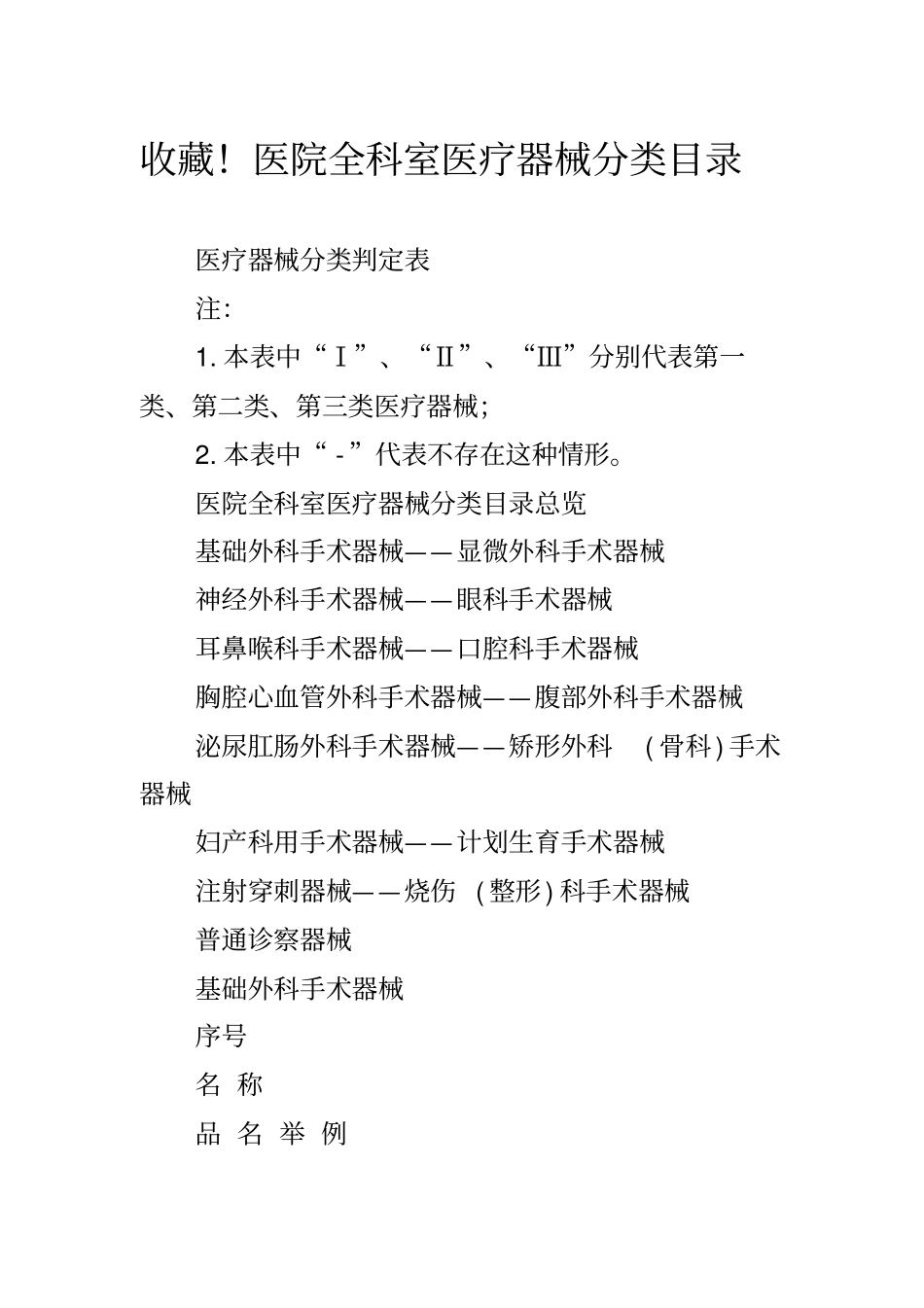 收藏!医院全科室医疗器械分类目录_第1页