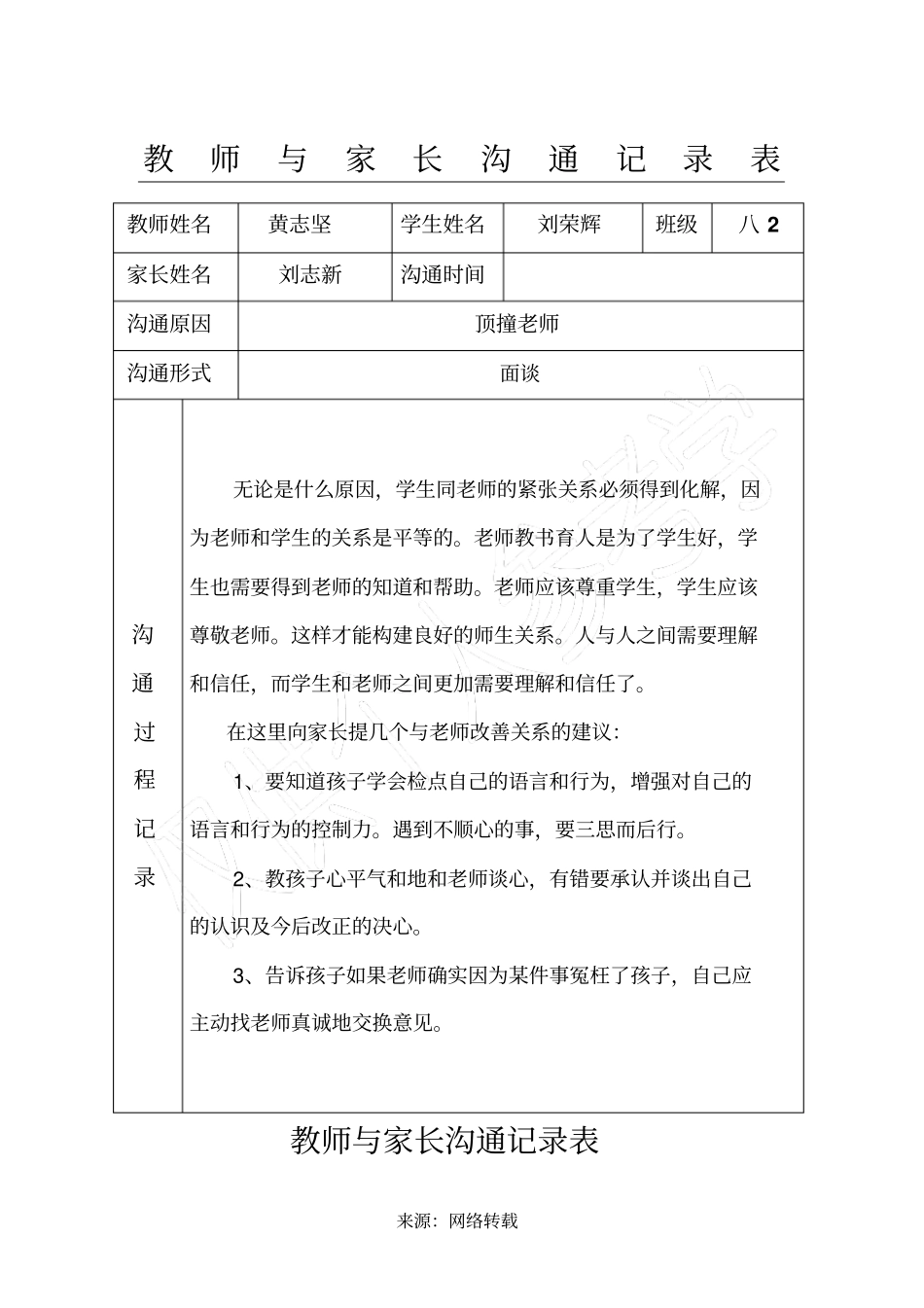 教师与家长沟通记录表_第1页