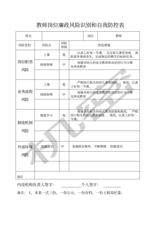 教师岗位廉政风险识别和自我防控表