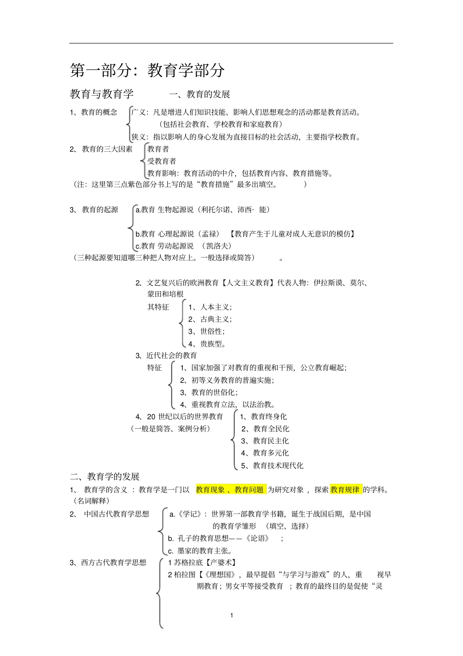 教师招聘考试教育学、教育心理学复习重点考点汇总,推荐文档_第1页