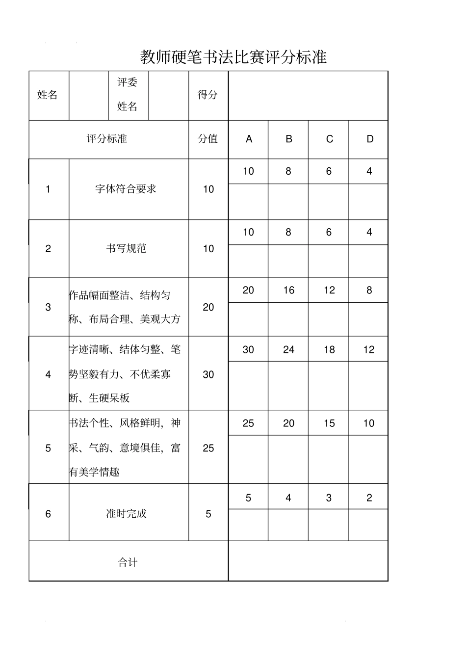教师硬笔书法比赛评分标准_第1页