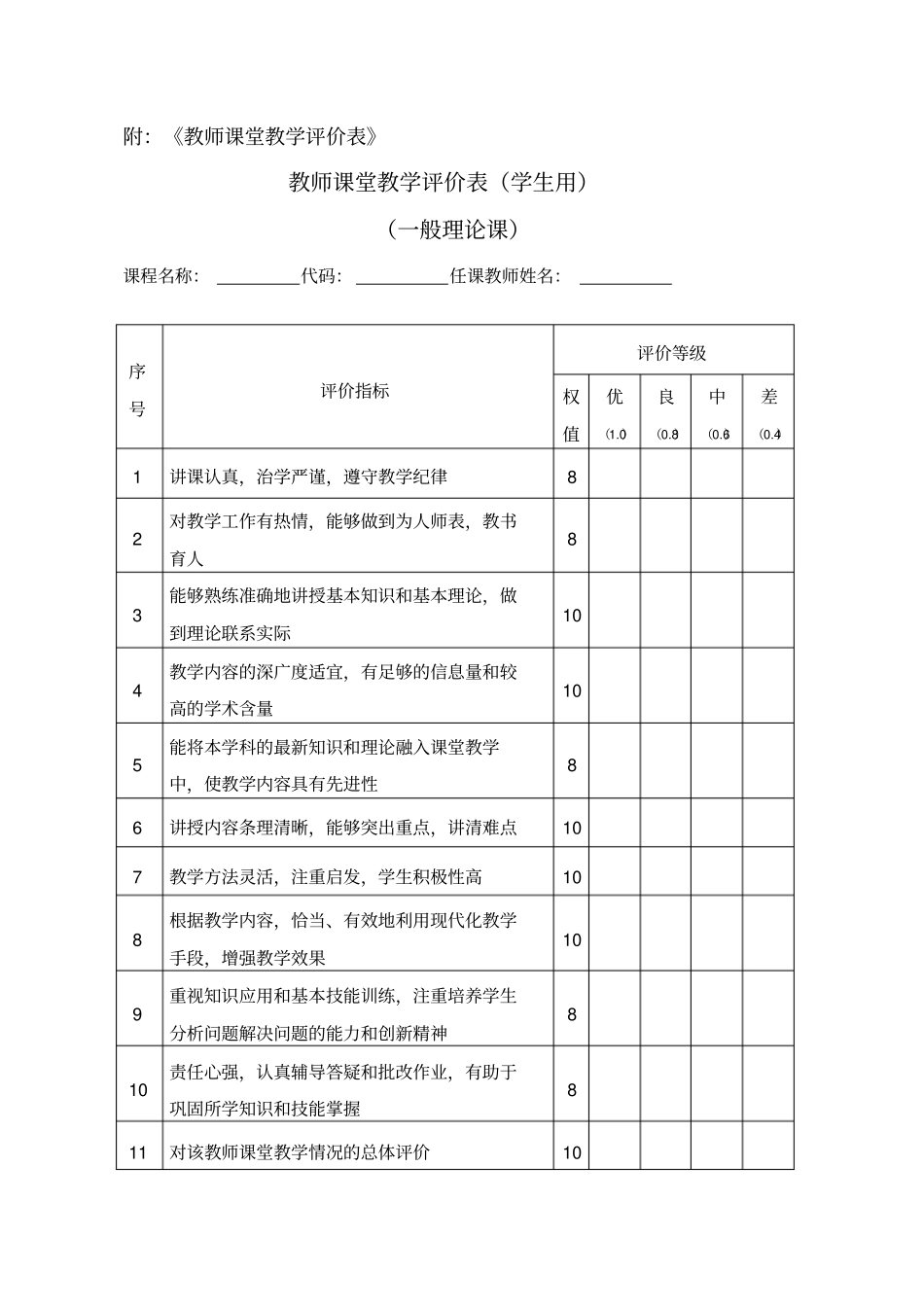 教师课堂教学评价表模版_第1页