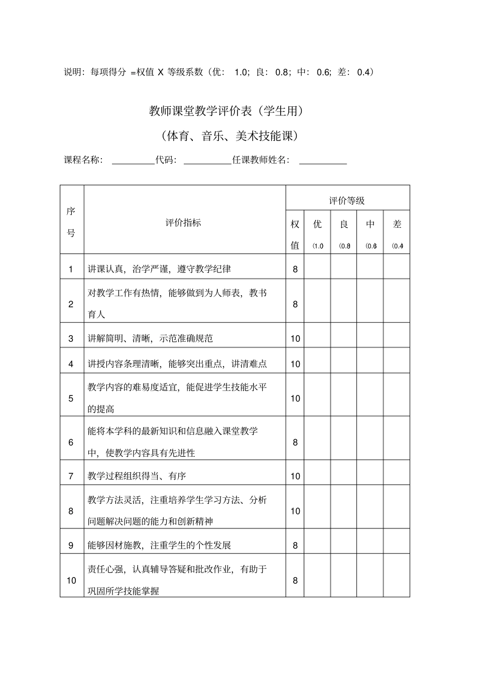 教师课堂教学评价表模版_第2页