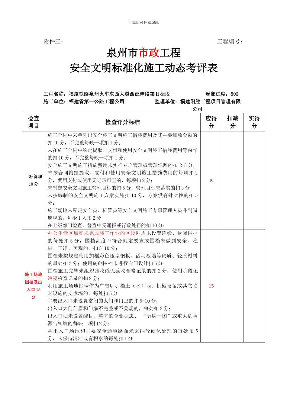 安全文明标准化施工动态考评表._第1页
