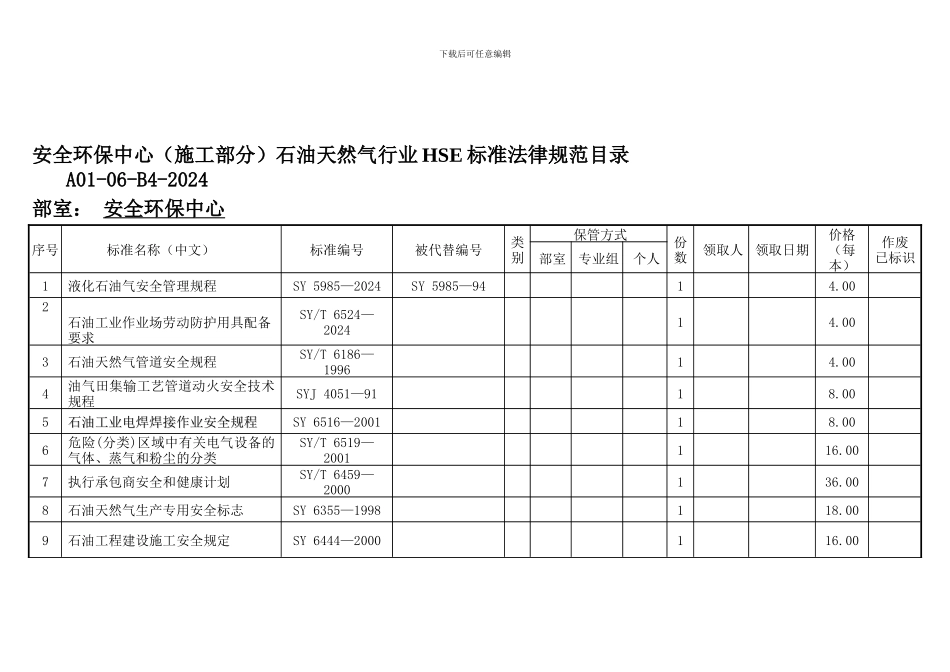 安全环保中心石油天然气行业HSE标准目录-090828._第1页