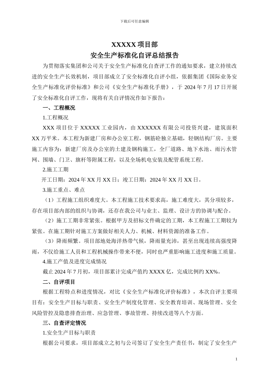 安全生产标准化自评总结报告-项目部_第1页