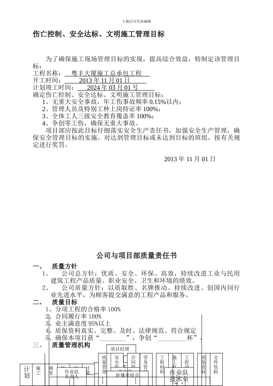安全管理目标(伤亡控制指标和安全达标、文明施工目标)._第1页