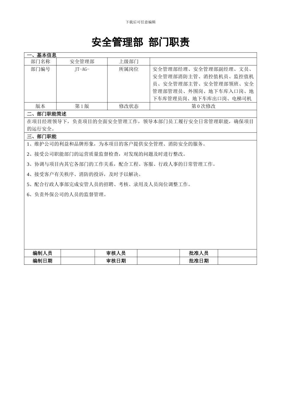 安全管理部部部门职责及岗位说明书_第1页