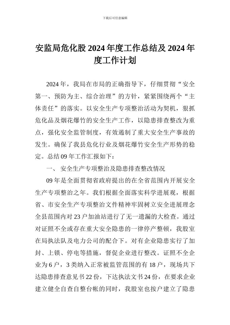 安监局危化股2024年度工作总结及2024年度工作计划_第1页
