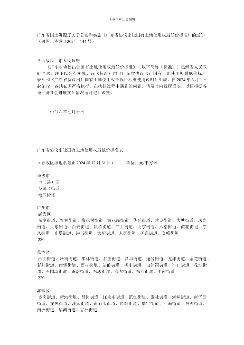 广东省协议出让国有土地使用权最低价标准表_第1页