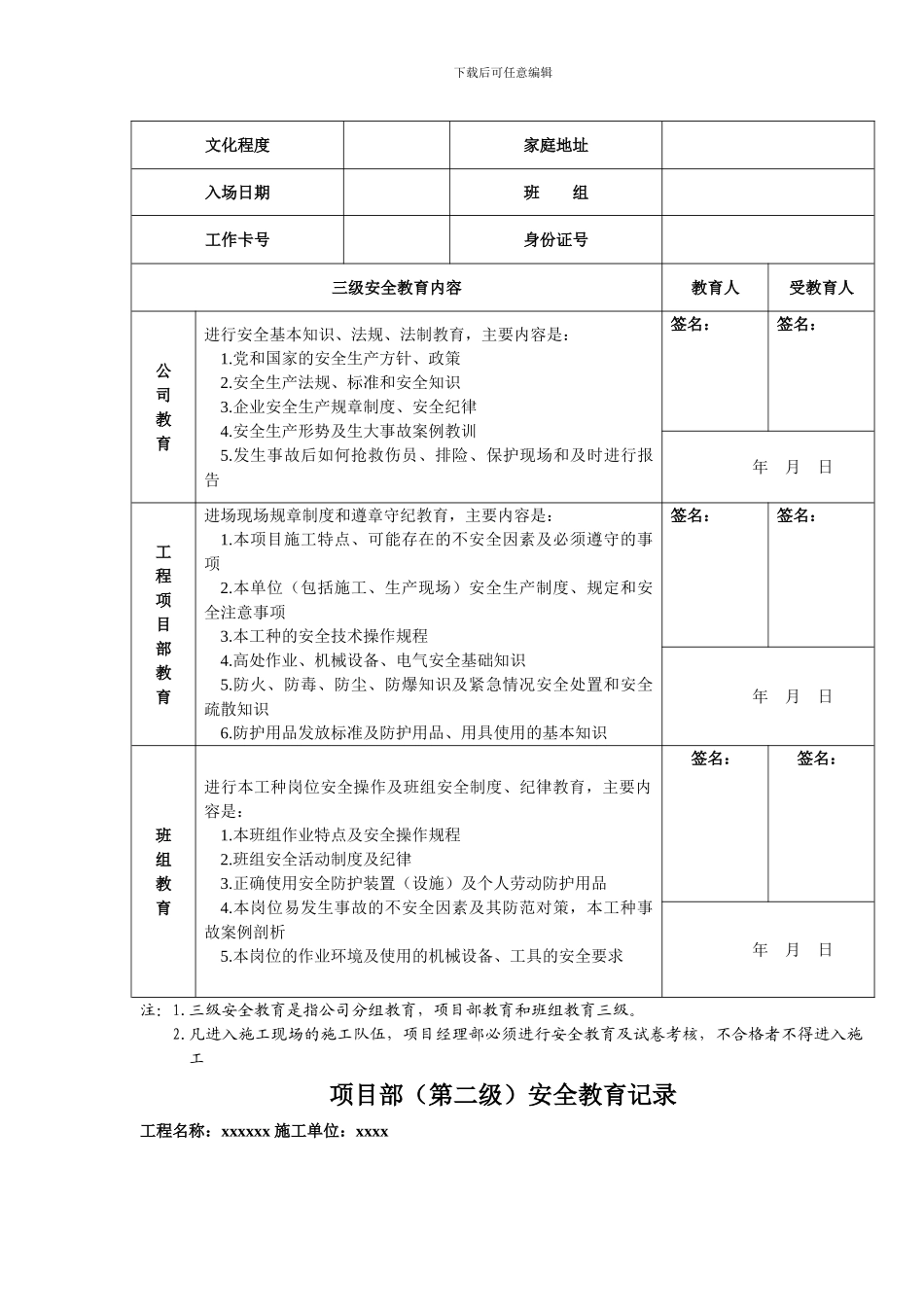 建筑企业三级安全教育记录及表格_第3页