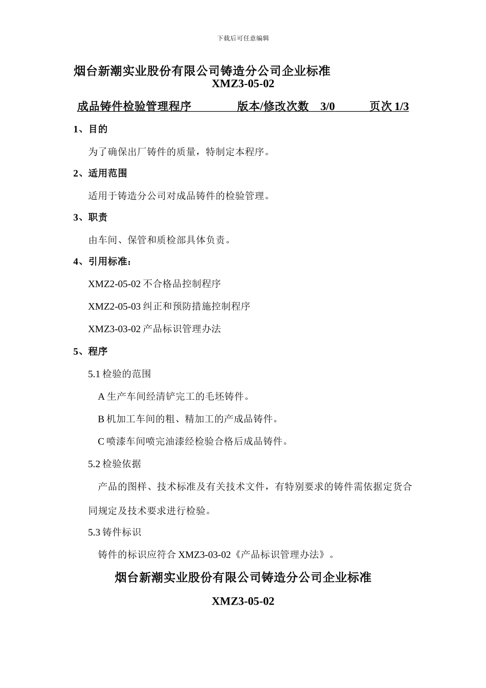 成品铸件检验管理程序_第1页