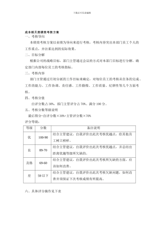 成本绩效考核及奖金制度方案