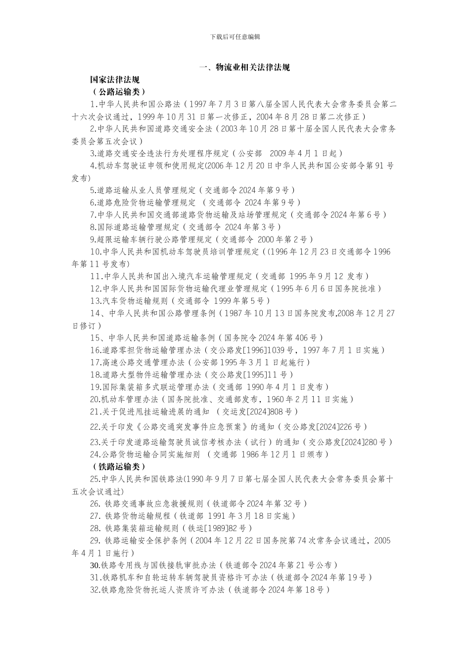 我国部分物流相关法律、政策法规、标准目录_第1页
