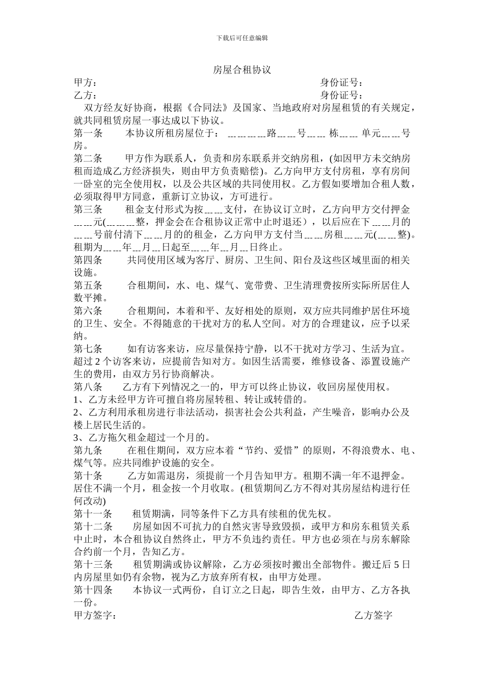 房屋共同合住协议书模版_第1页