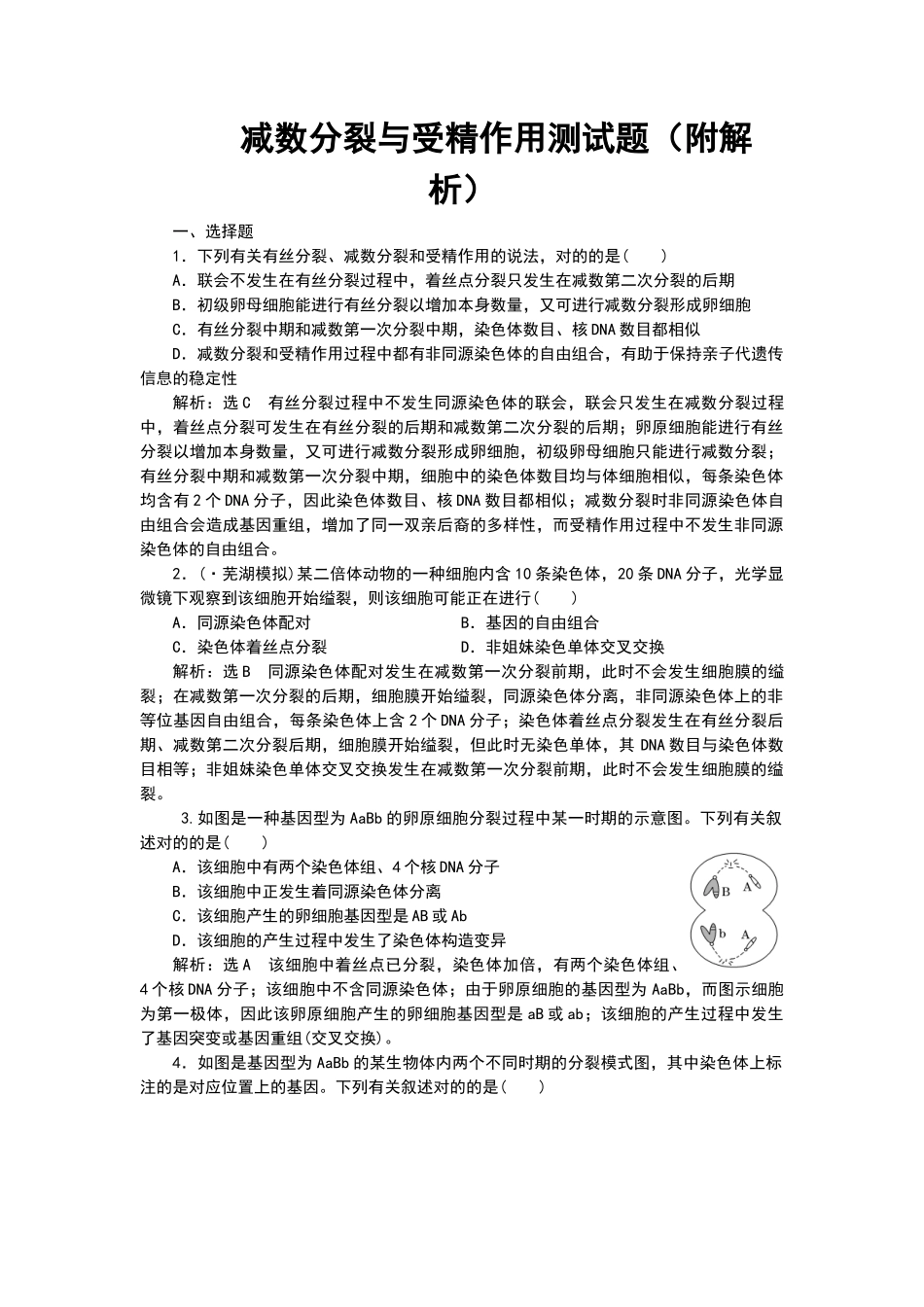 2025年减数分裂与受精作用测试题附解析_第1页