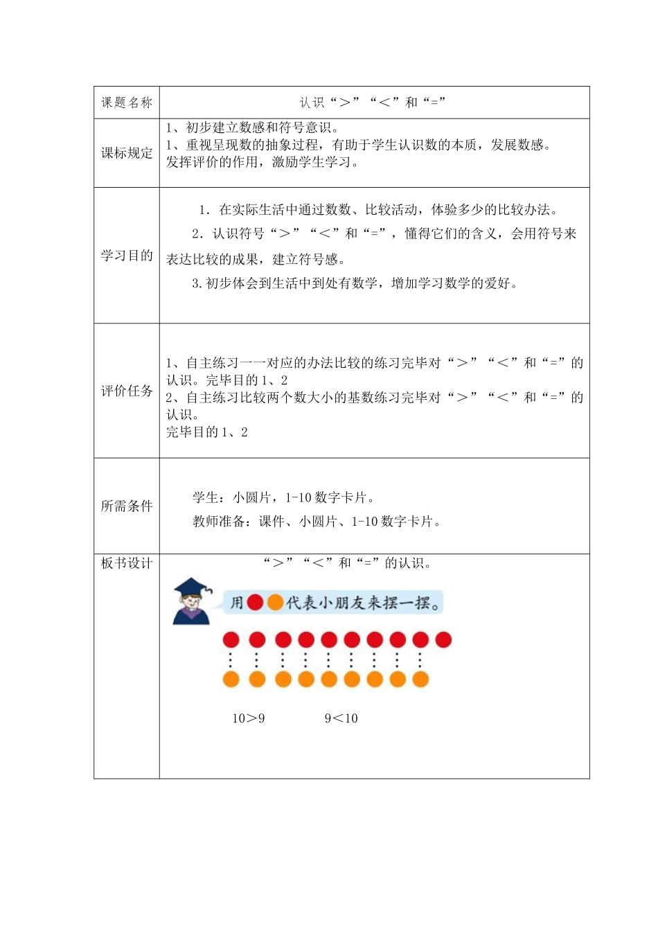 2025年青岛版小学数学大于号小于号的认识教学设计_第1页