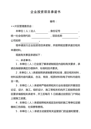 企业投资项目承诺书