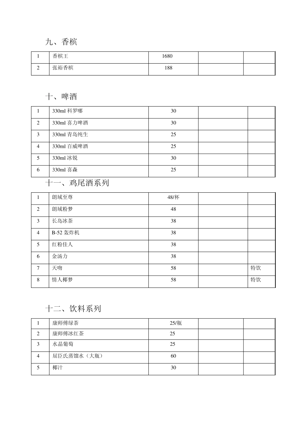 夜总会酒水小吃价格表_第3页