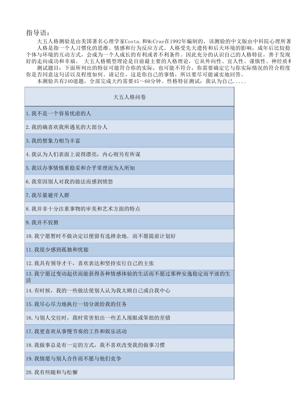 大五人格问卷自测240题(自动计分)_第1页