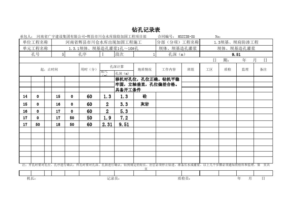 帷幕灌浆孔原始记录表_第1页