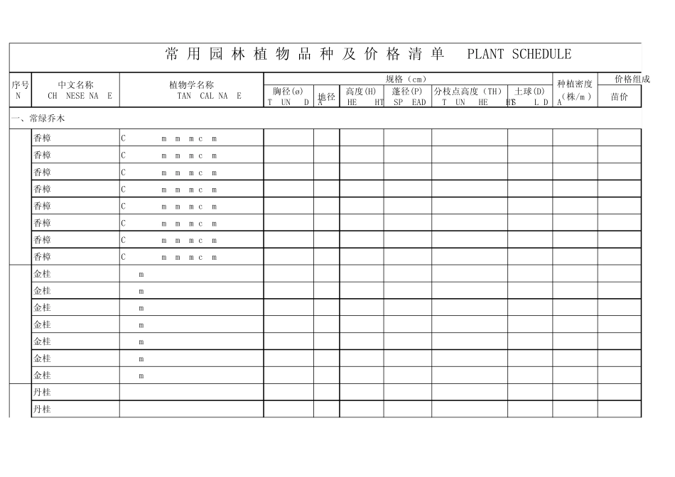 常用园林植物品种规格及价格清单_第1页
