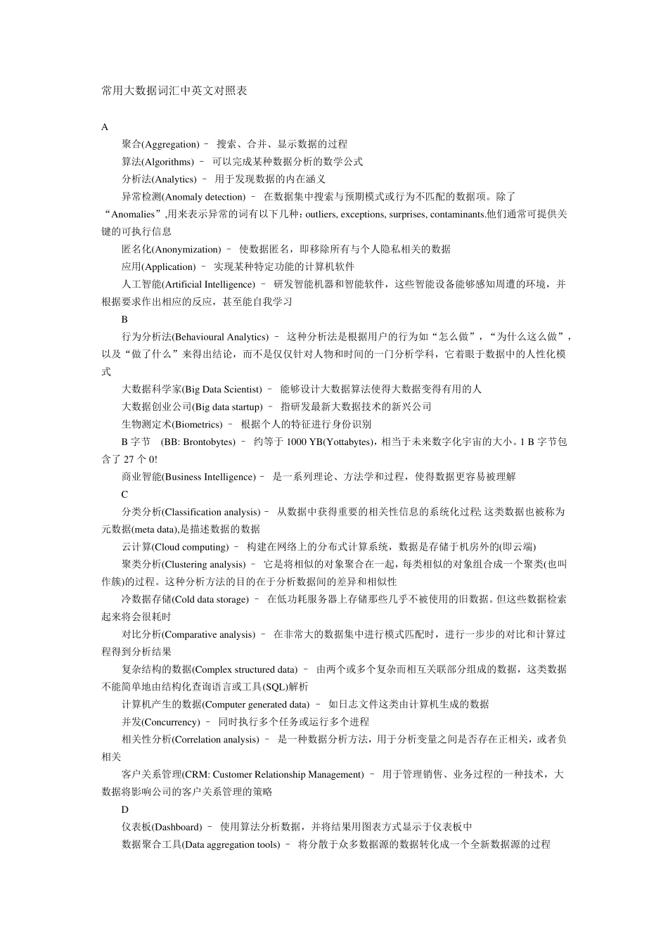 常用大数据词汇中英文对照表_第1页
