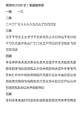 常用字(2500字)笔画顺序表篆书