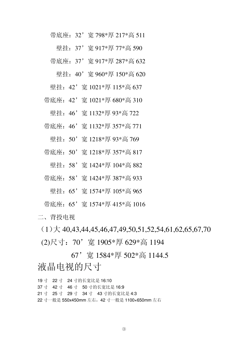 常用家具电器尺寸表内容_第3页