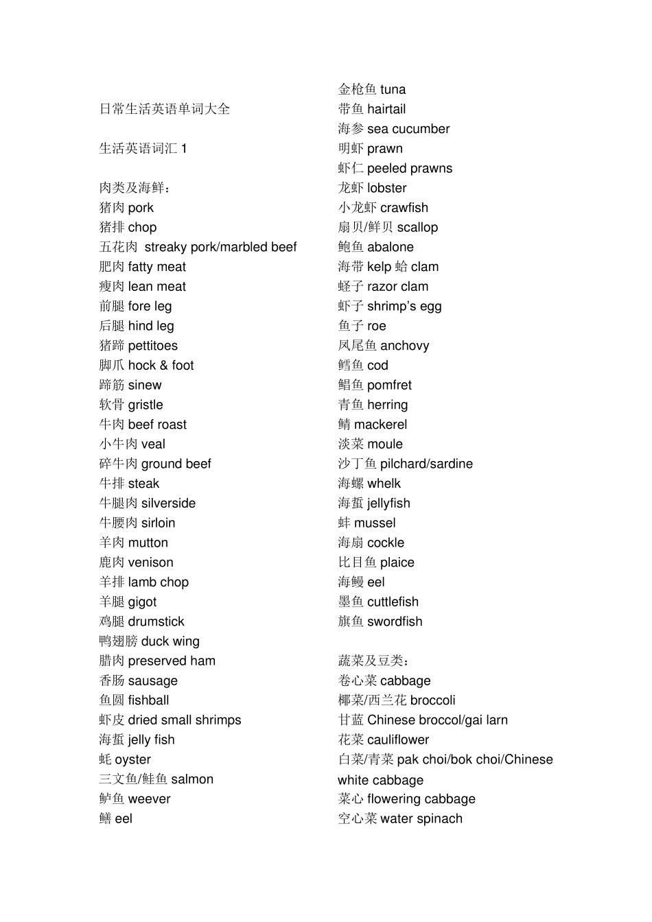 常用日常生活英语单词大全(中英对照)_第1页