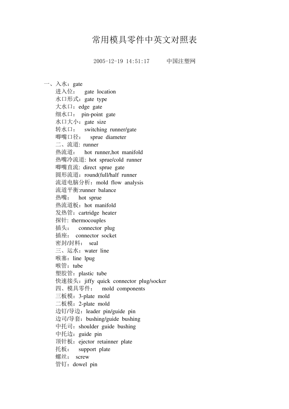 常用模具零件中英文对照表_第1页
