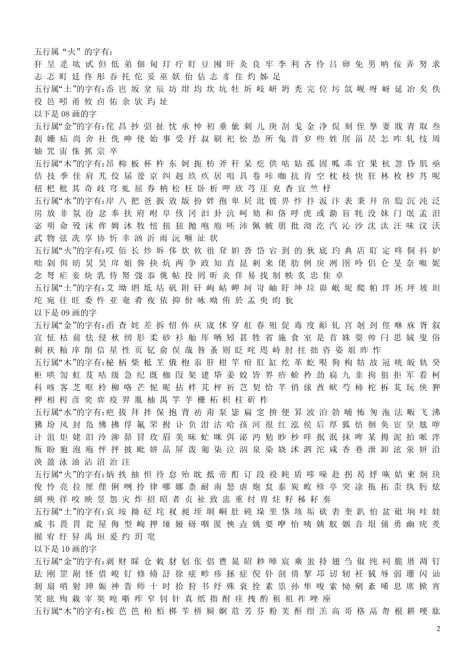 常用汉字五行及笔画(金木水火土)_第2页