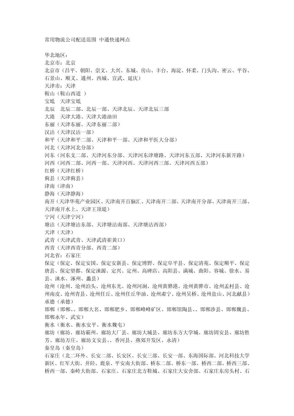 常用物流公司配送范围中通快递网点_第1页