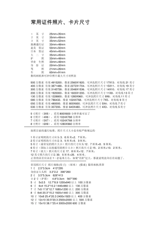 常用证件照片卡片尺寸