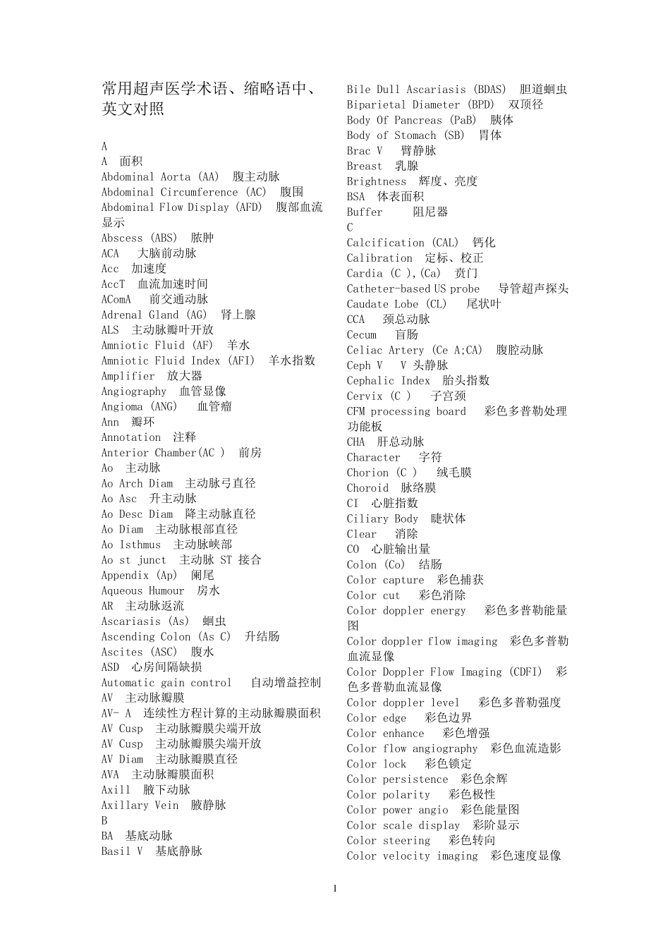常用超声医学术语、缩略语中、英文对照_第1页