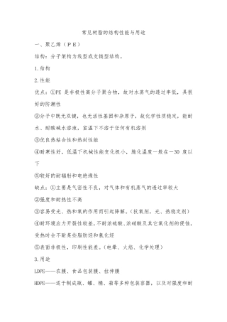 常见树脂的结构性能与用途
